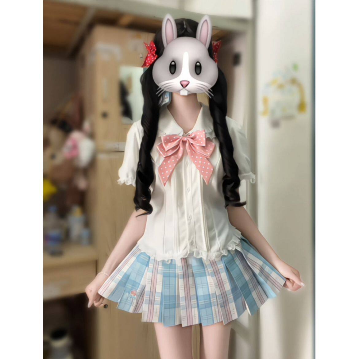 风吹麦香jk原创娃娃领花边衬衫格裙学院风甜美穿搭学生短袖套装
