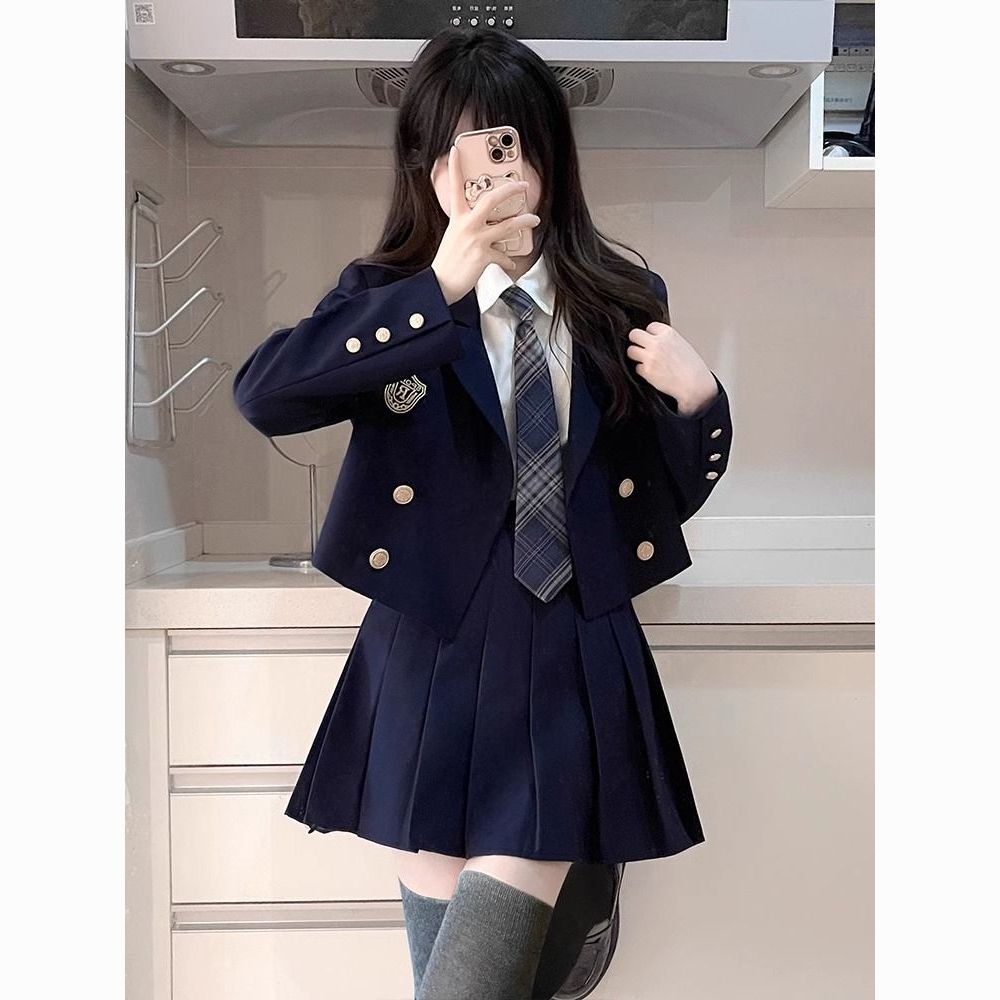 韩式千金女百褶裙jk制服裙学院风套装小个子英伦风西装春秋三件套