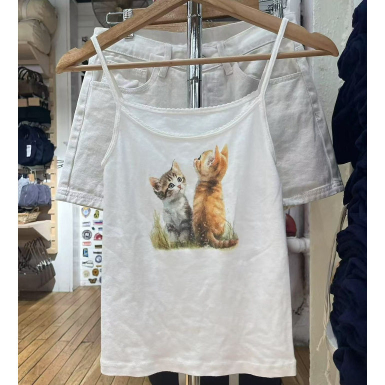 小海鸥猫咪印花修身吊带