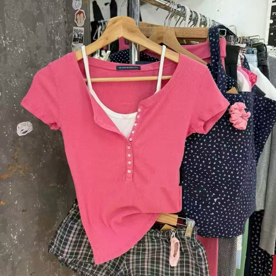 小海鸥安琪同款树莓粉短袖