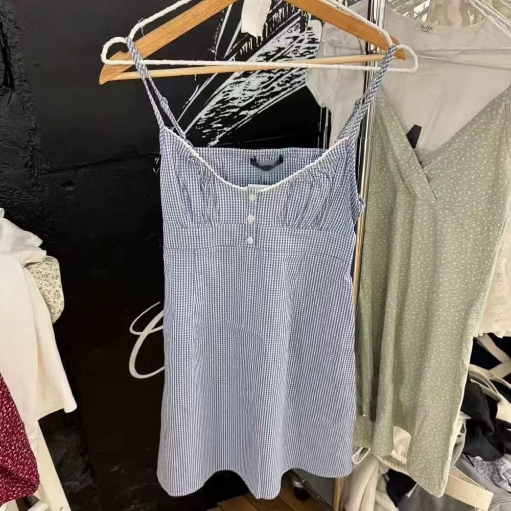小海鸥蓝色格子收腰吊带裙