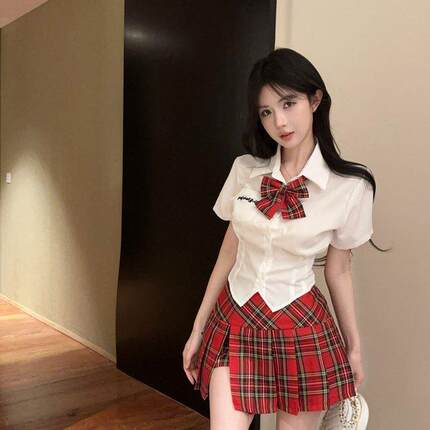 夏季新款纯欲jk制服白衬衫上衣短袖小心机学院风百褶裙短裙套装