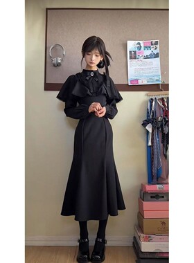日系复古甜美气质Lolita长袖连衣裙女新品法式收腰轻鱼尾显瘦长裙