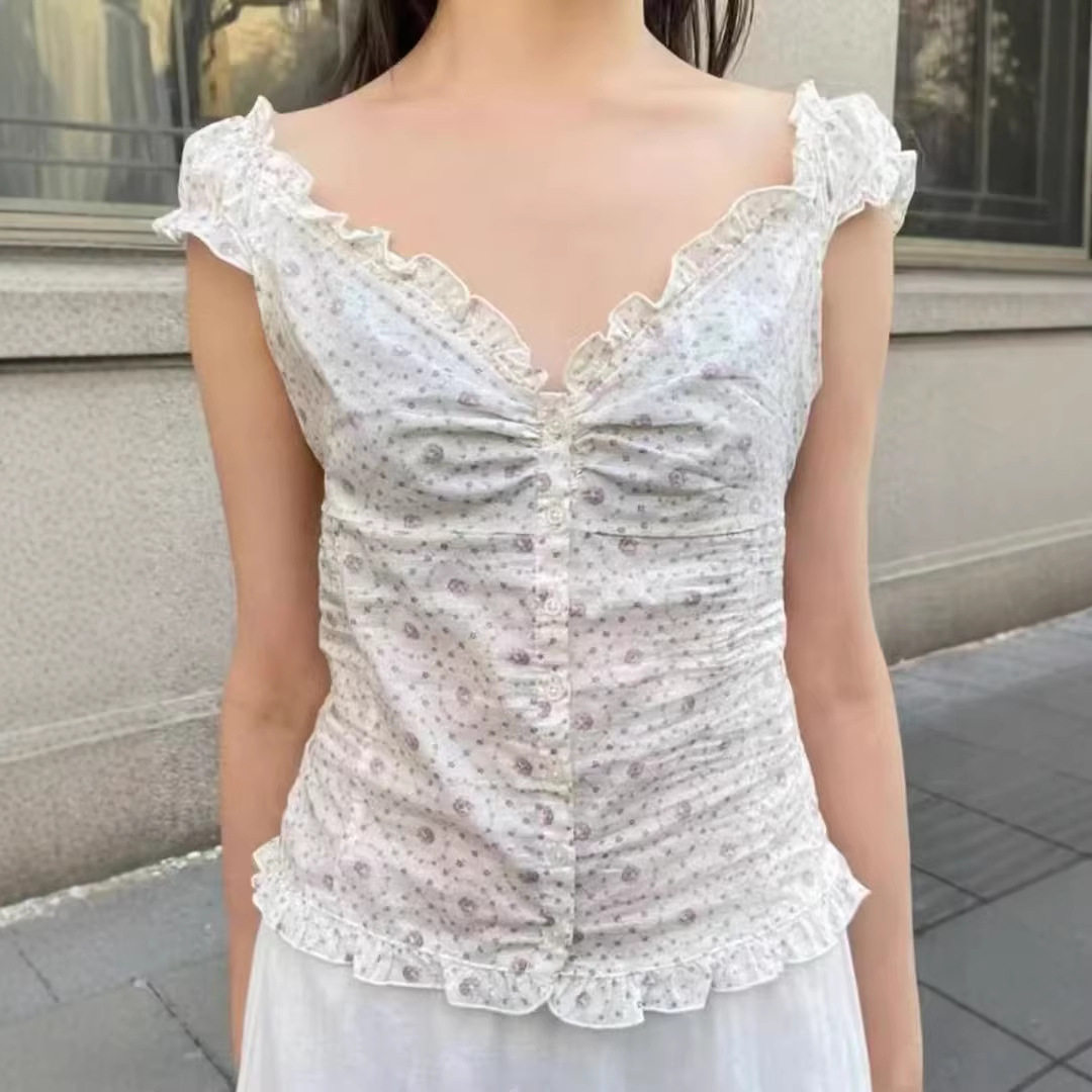 小海鸥甜美碎花V领短袖