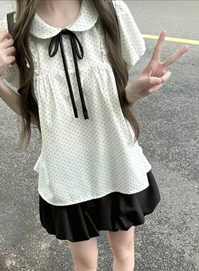 布丁熊原创JK制服娃娃领学院风波点衬衫套装女甜美小个子花苞裤