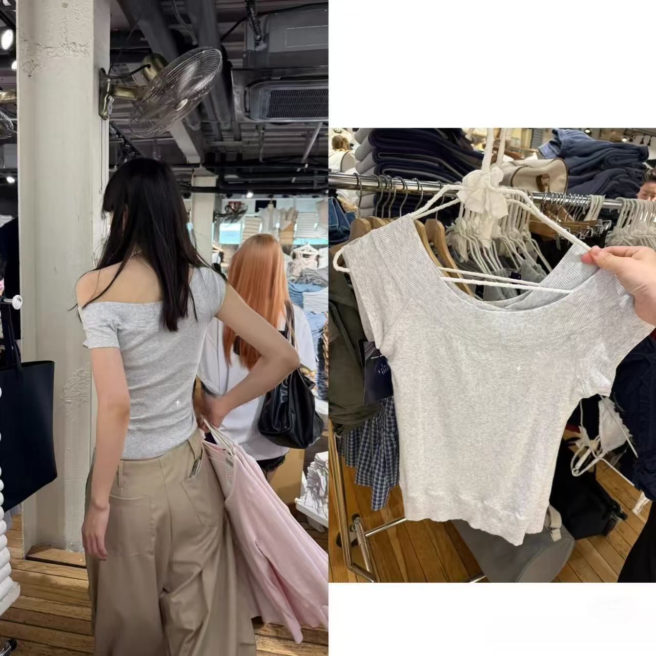 小海鸥美式灰色一字肩短袖