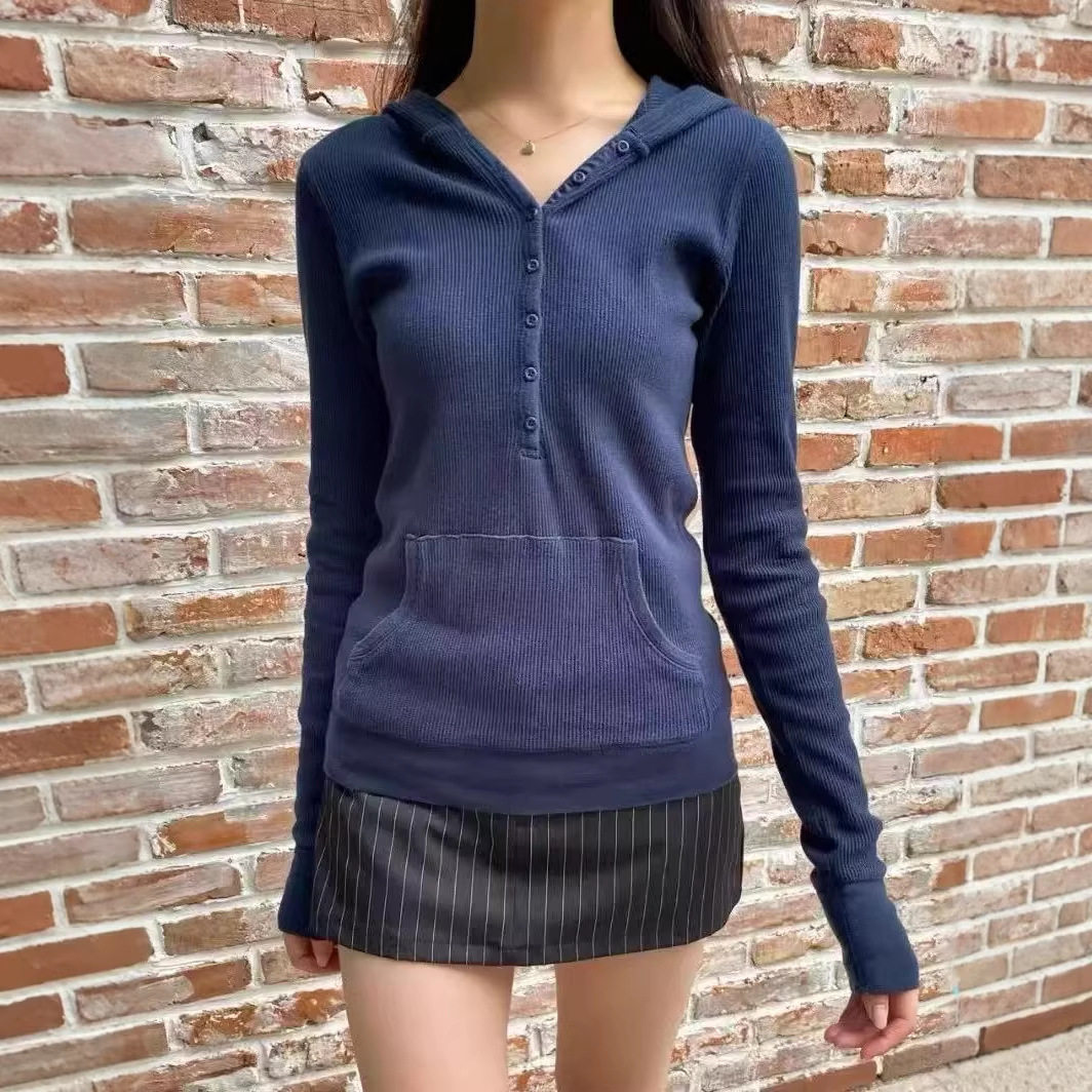 秋冬连帽华夫格打底T恤女