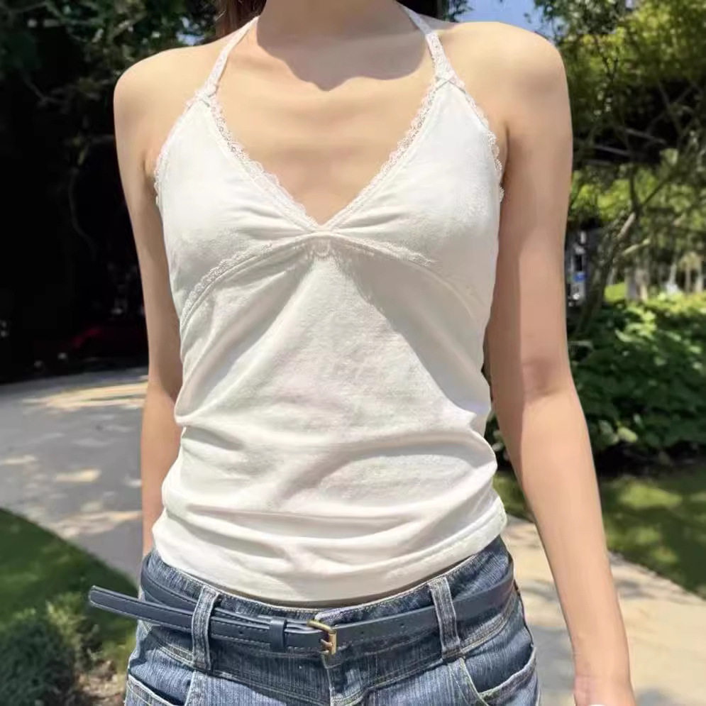 小海鸥蕾丝V领双蝴蝶结挂脖吊带