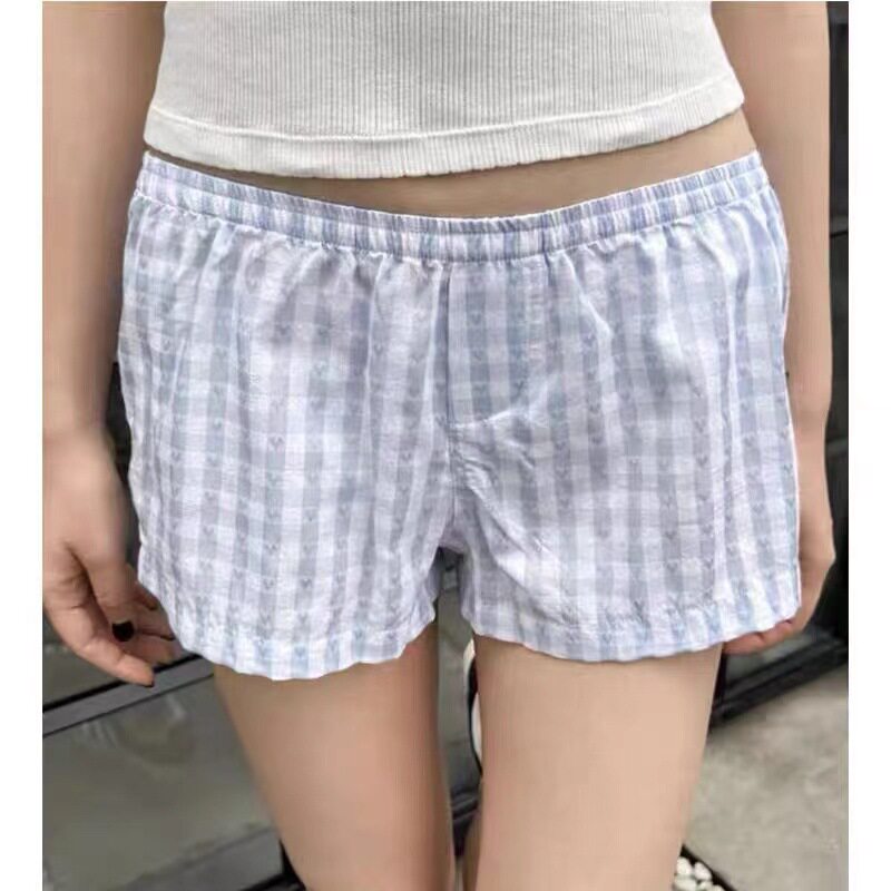 小海鸥爱心格子松紧腰热裤