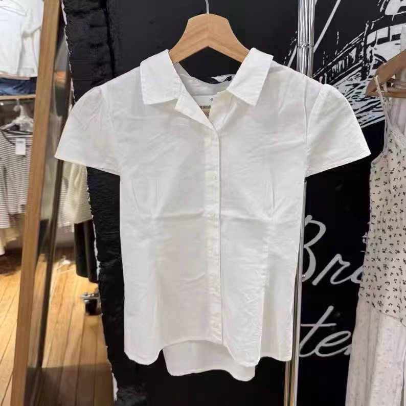 小海鸥白色系带收腰polo领纽扣衬衫女 辣妹纯欲短袖T恤翻领上衣