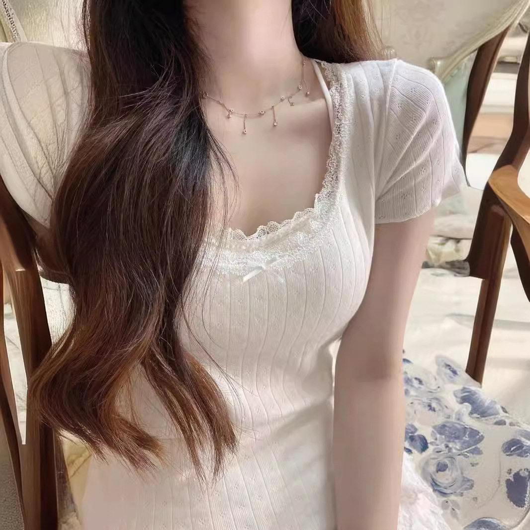 小海鸥纯欲蕾丝芭蕾白T