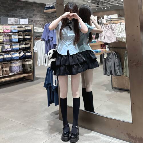 美式学院风jk制服水手服女收腰显瘦衬衫套装纯欲蓬蓬蛋糕裙两件套