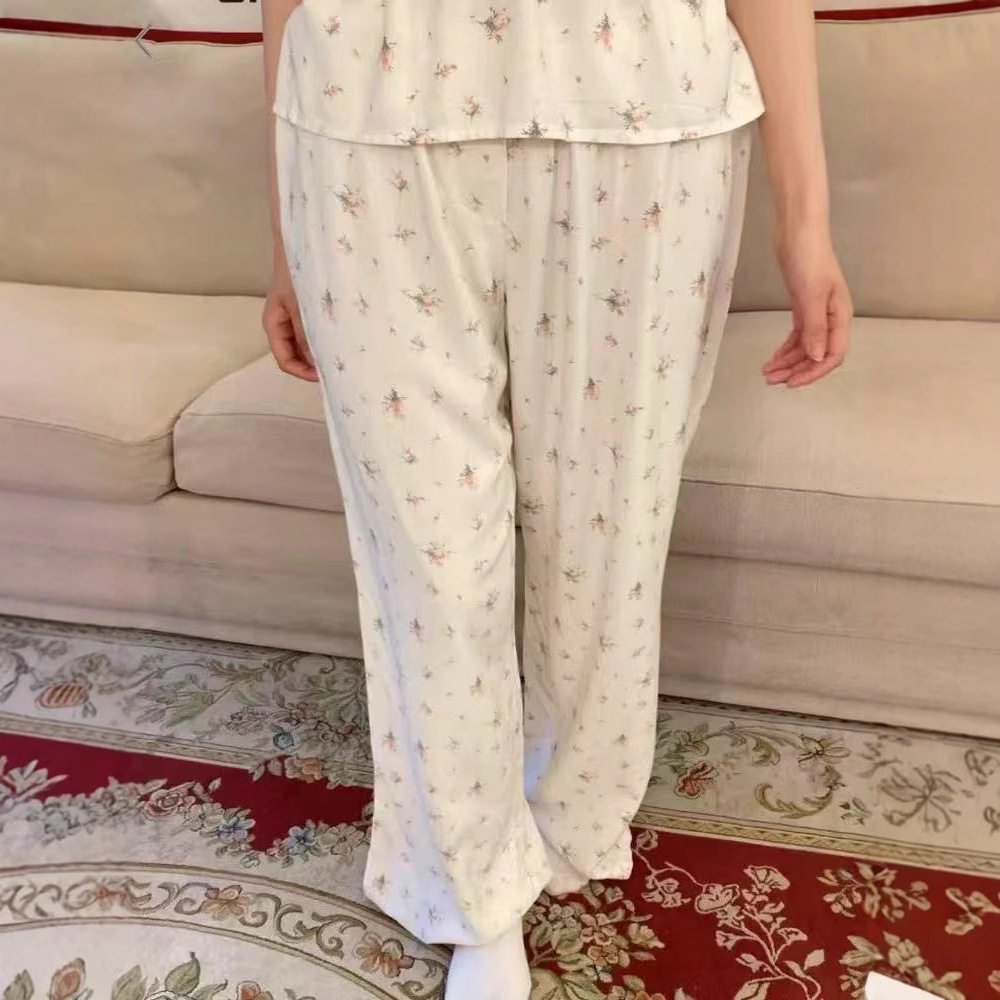 小海鸥秋冬粉色碎花阔腿睡裤