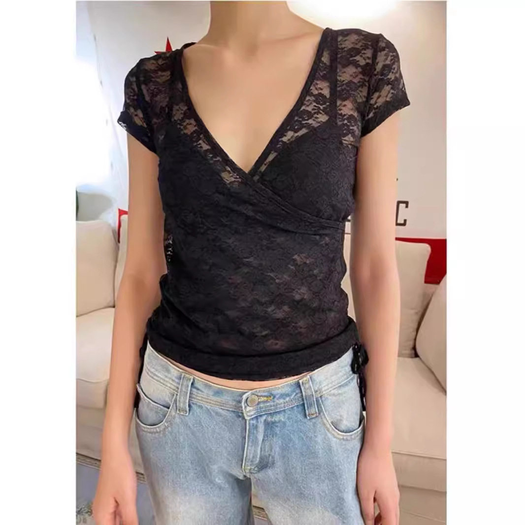 小海鸥新款V领侧缝抽绳蕾丝短袖T恤女透视网纱薄款纯色百搭上衣