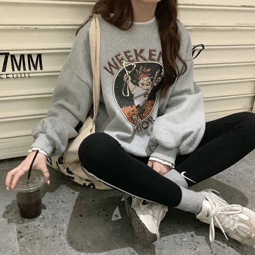 Plush fake two-piece sweater women's clothing autumn and winter new women's clothing loose casual Korean cartoon printed top student