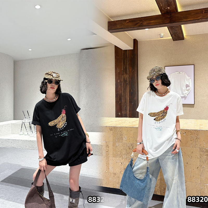 胖妹妹加肥加大香蕉印花正肩短袖女秋季280斤宽松T恤上衣大码女装