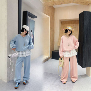 女装 胖妹妹韩系洋气蕾丝拼接休闲套装 女200斤宽松两件套200斤大码