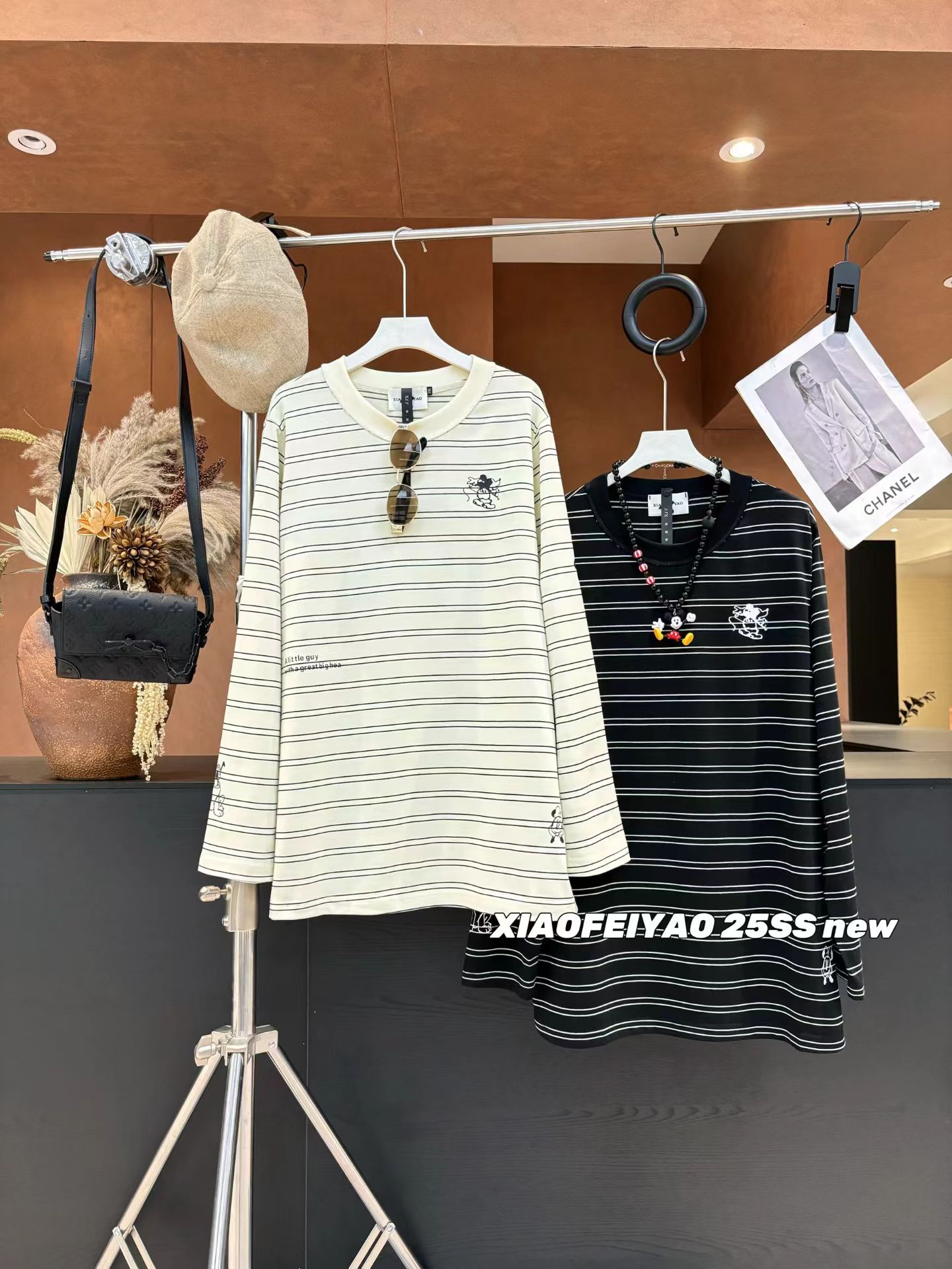 晓肥妖家中长款卡通米奇条纹T恤女秋冬款200斤宽松打底衫大码女装