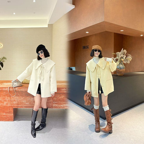 胖妹妹秋冬新款韩系甜美减龄娃娃领羊绒大衣女200斤外套大码女装