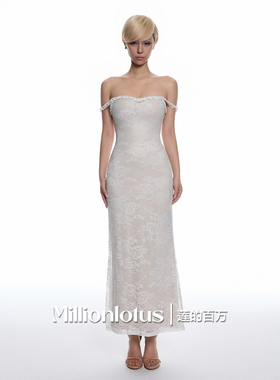 莲的百万  一字肩蕾丝连衣裙原创花型法式纯欲性感长款连衣裙