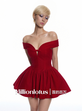 莲的百万  限定 红色小礼服小众设计一字肩深V法式千金连衣裙