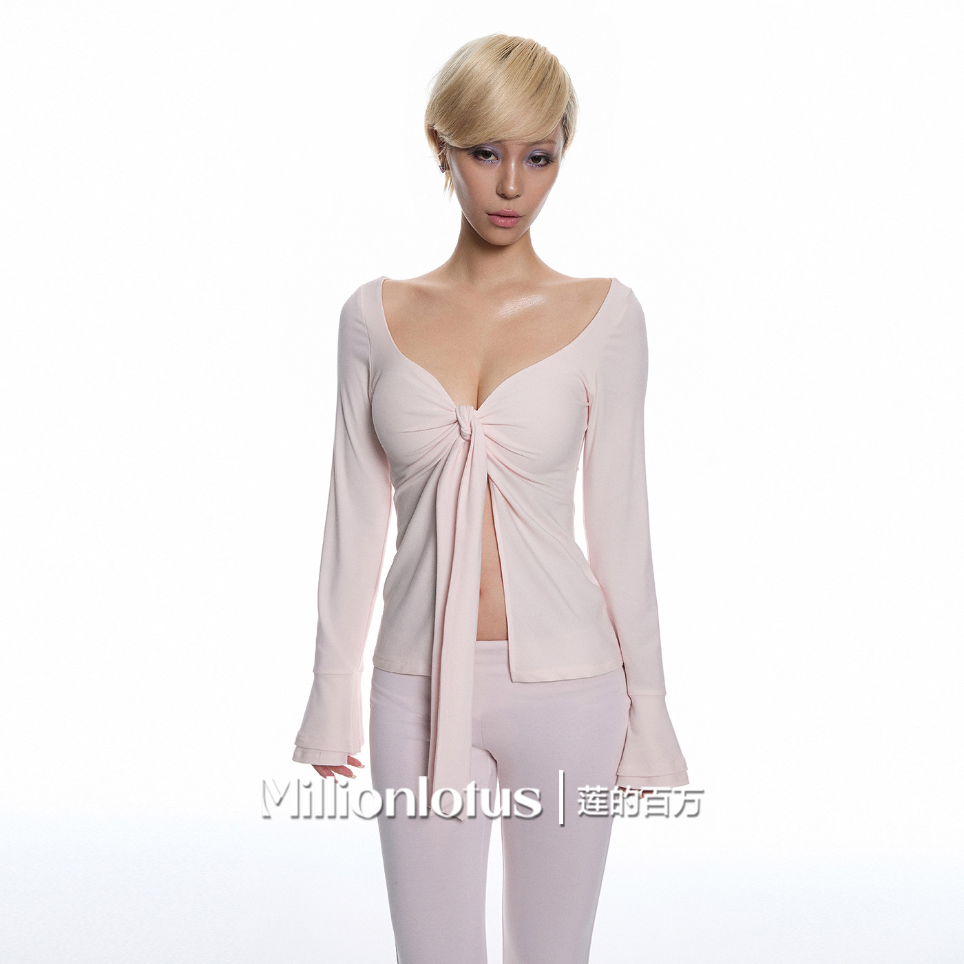 莲的百万  纯色开叉露脐系带上衣喇叭袖设计粉色纯欲套装,女装/女士精品,时尚套装,淘宝优惠券,粉丝福利购,淘宝优惠卷