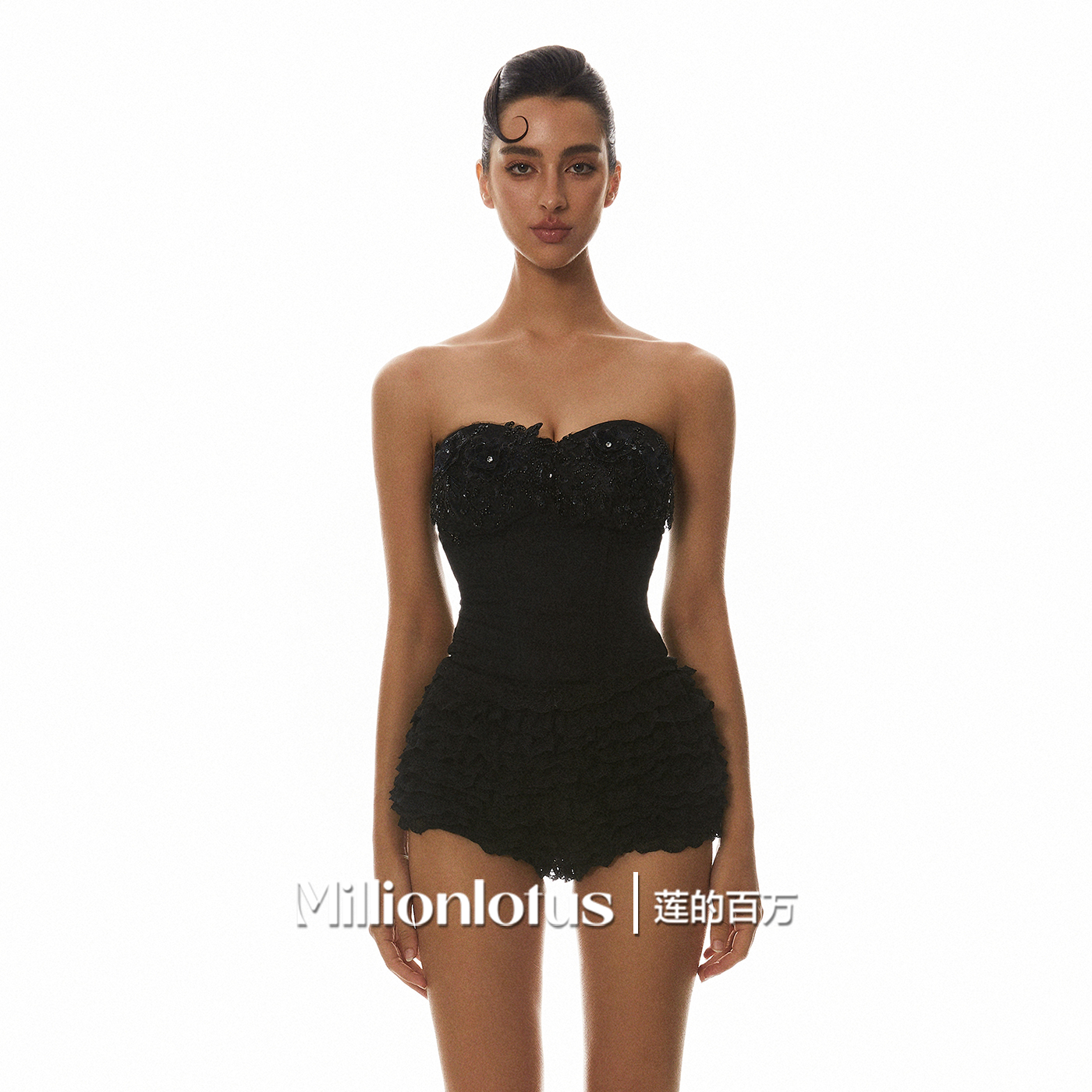 莲的百万 黑色刺绣鱼骨胸衣细腰丰臀蕾丝花边裙裤套装