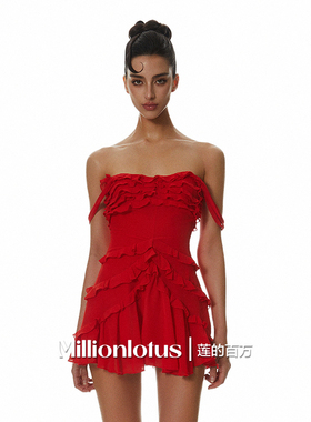 莲的百万热浪袭来红色氛围感度假连衣裙收腰显瘦一字肩抹胸礼服裙