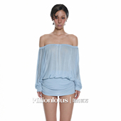 莲 浅蓝色连衣裙夏日清凉 一字肩纯欲 百万 慵懒