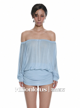 莲的百万 慵懒 一字肩纯欲 浅蓝色连衣裙夏日清凉
