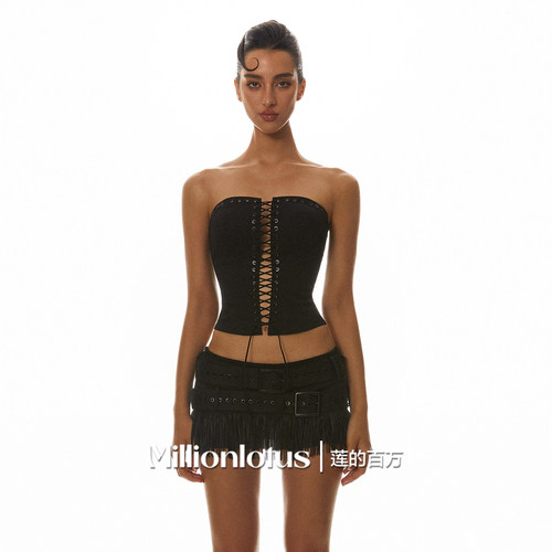 莲的百万 黑色气眼重工抹胸流苏双腰带半裙套装