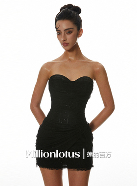 莲的百万黑色薄纱鱼骨束腰显瘦绝美生日裙抹胸礼服连衣裙生日礼服