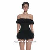 莲 一字肩荷叶边 百万纯欲辣妹风黑色露肩荷叶边上衣蓬蓬短裙套装