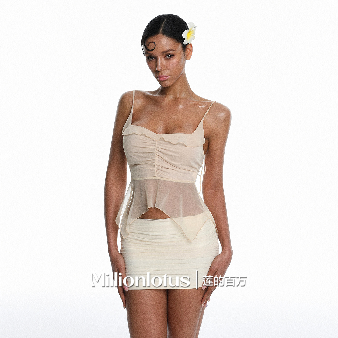 莲的百万  杏色网纱吊带甜妹辣妹抽褶荷叶边上衣褶皱包臀短裙套装
