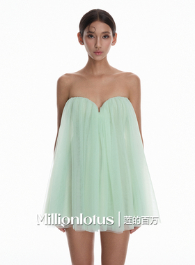 莲的百万  夏日轻氧  薄荷绿抹胸蓬蓬裙 网纱连衣裙