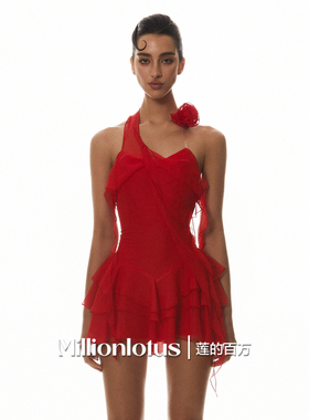 莲的百万 飘逸红色玫瑰多层热情设计感连衣裙