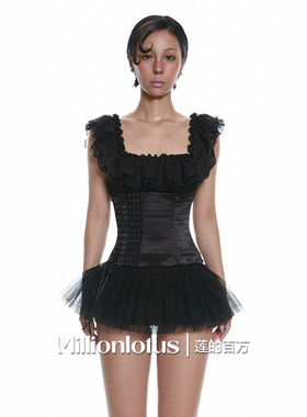 莲的百万 暗黑公主风黑色方领一字肩荷叶边束腰连衣裙套装短裙