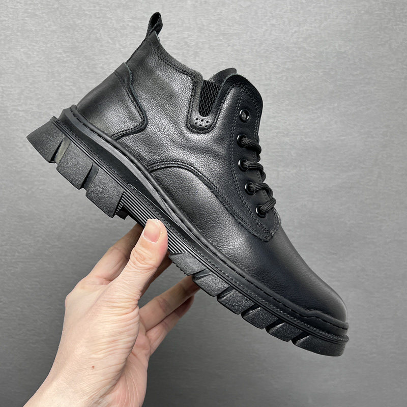 头层牛皮马丁靴男款中帮冬季加绒真皮工装棉鞋软底皮面侧拉链短靴