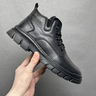 头层牛皮马丁靴男款中帮冬季加绒真皮工装棉鞋软底皮面侧拉链短靴