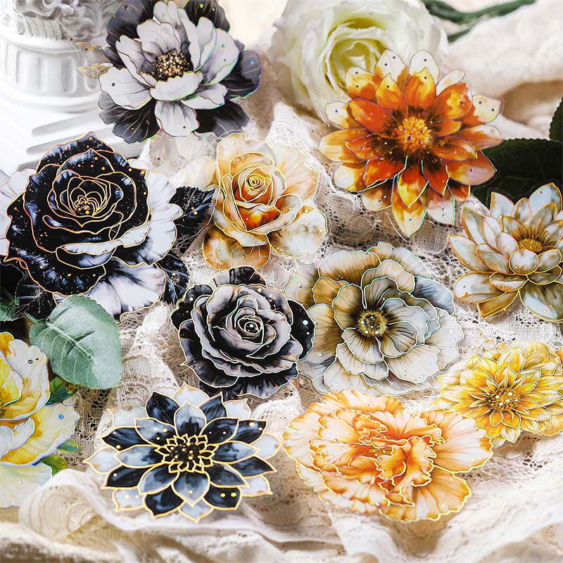 等一朵花开烫金立体贴纸包复古花朵大尺寸手帐diy装饰造景贴画