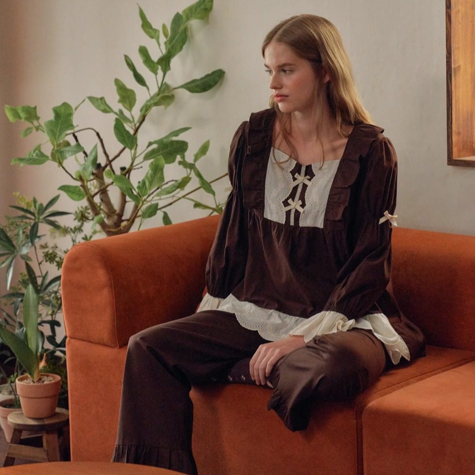 Ullala韩国2025秋冬纯棉甜美蕾丝花边方领长袖家居睡衣套装睡裙女