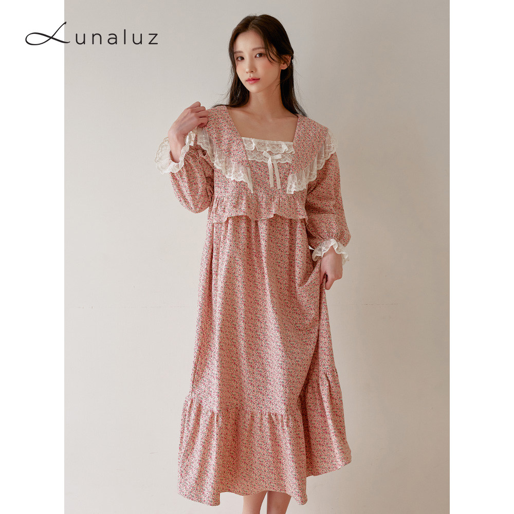 Lunaluz韩国家居服纯棉长裙睡裙碎花家居服甜美宽松蝴蝶结清仓