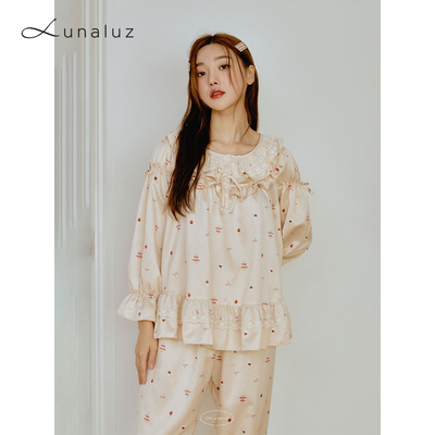 Lunaluz韩国露娜春秋款家居睡衣两件套甜美草莓蛋糕印花长袖清仓
