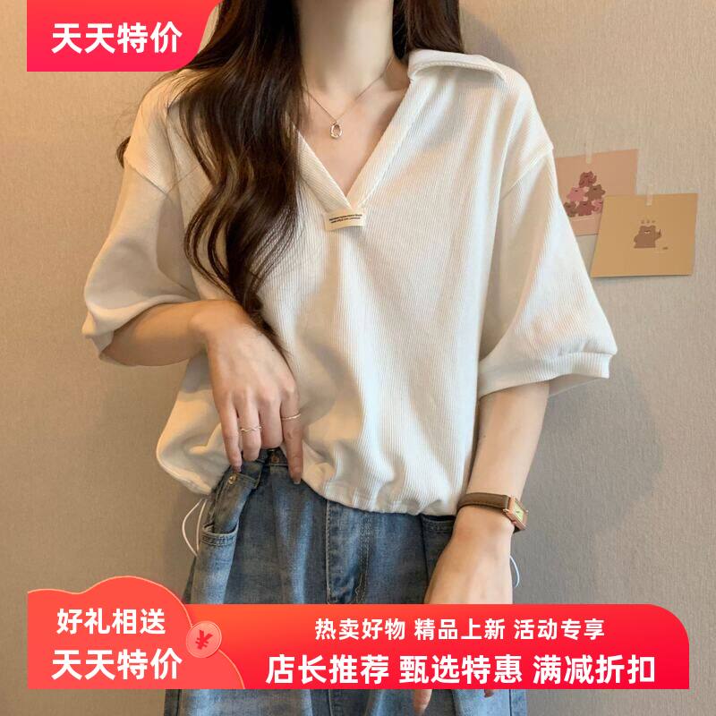 POLO领短袖T恤女夏ins潮宽松显瘦洋气减龄小个子短款V领半袖上衣