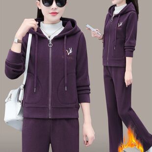 中年妈妈冬装外套中老年运动服套装女秋冬新款加绒加厚卫衣两件套