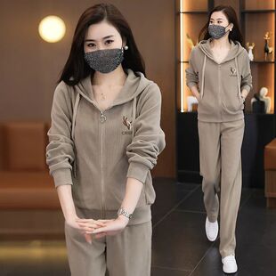 中年妈妈冬装休闲新款秋冬加绒卫衣洋气中老年人运动服套装女