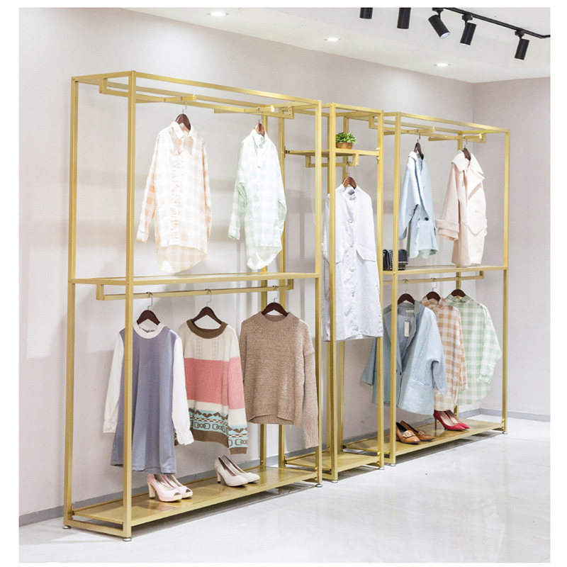 服装店双层落地式男装展示架女装店挂衣架子金色西装陈列货架铁艺