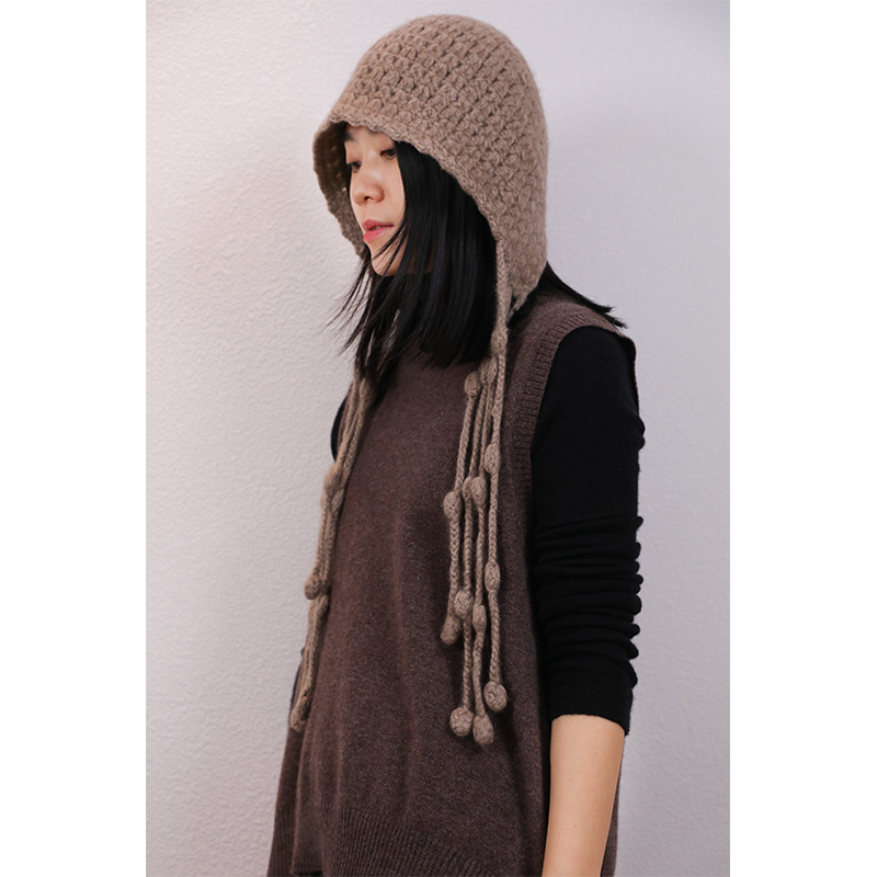 东雍 手工时尚脏脏辫子球球流苏加厚纯色羊绒针织毛线包头护耳帽