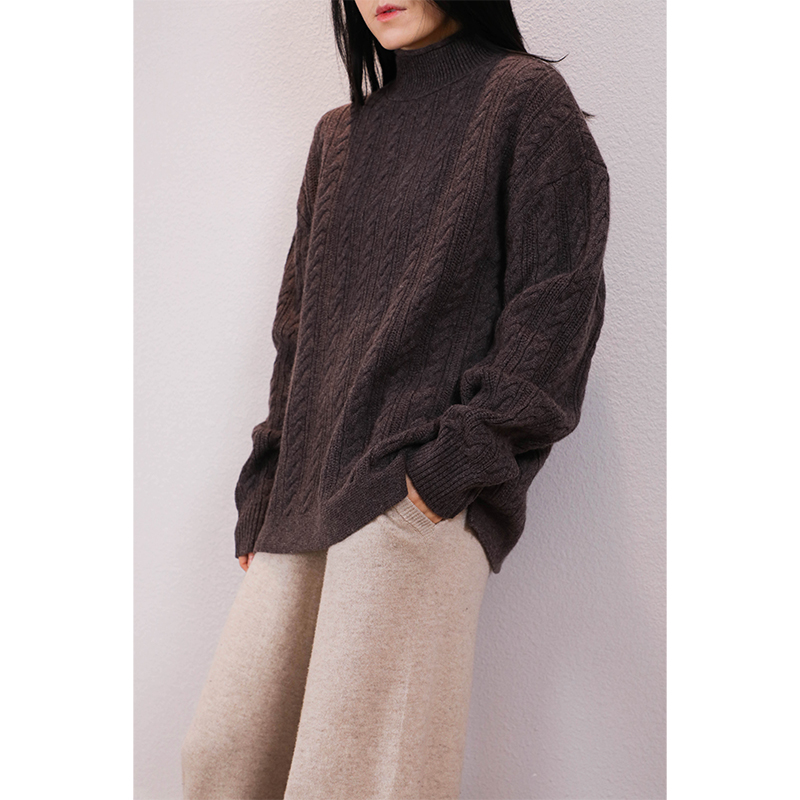 东雍 百搭卷边半高领秋冬加厚保暖绞花长袖羊绒衫针织套头衫毛衣