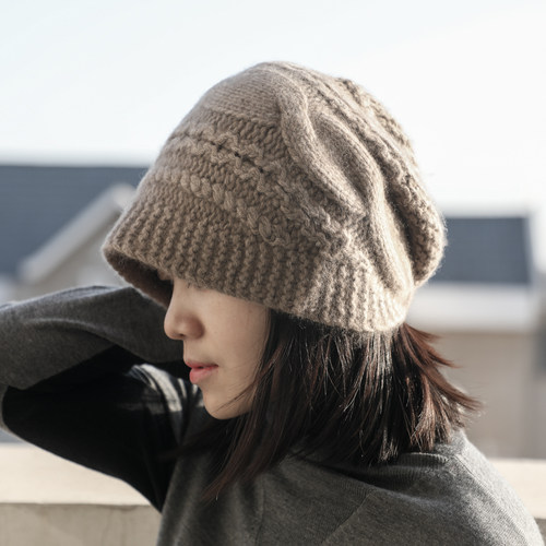 纯色加厚羊绒针织毛线帽秋冬女
